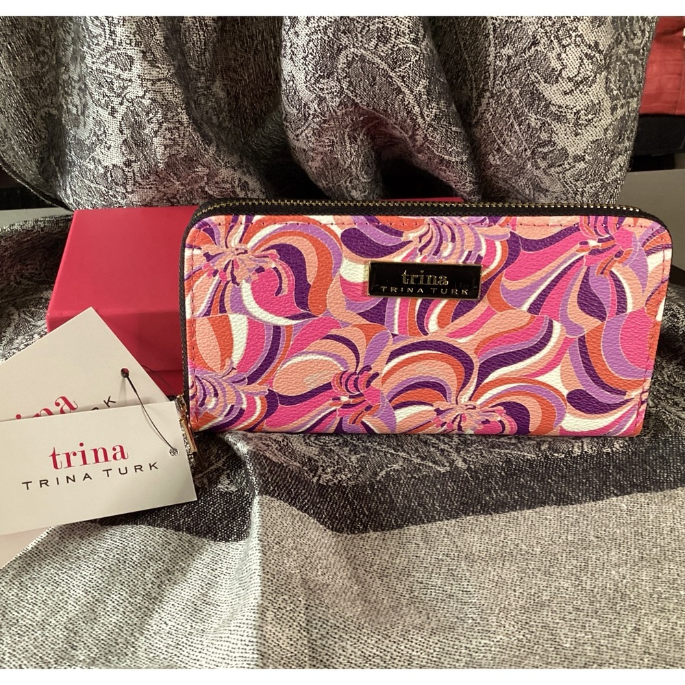 Trina Turk NWT pink and purple swirly floral design zip around long wallet